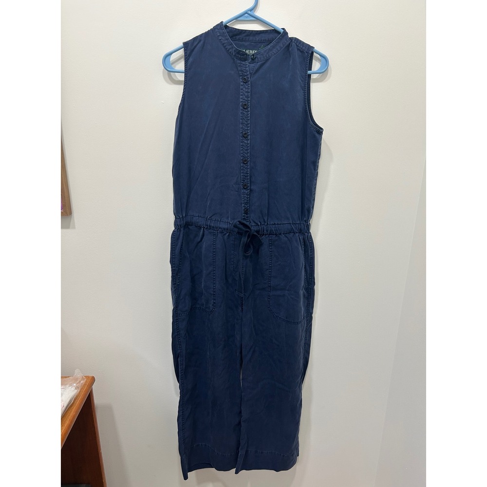 Lauren Ralph Lauren Jumpsuit Womens 6 Blue Sleeveless Lyocell Utility Drawstring